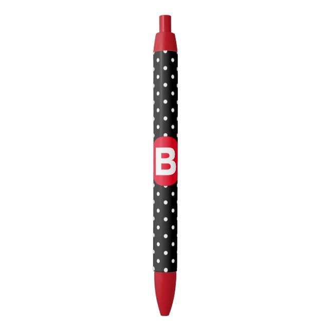 Classic Black & White Polka Dot with Red Monogram Black Ink Pen (Front Vertical)
