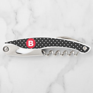Classic Black & White Polka Dot with Red Monogram Corkscrew
