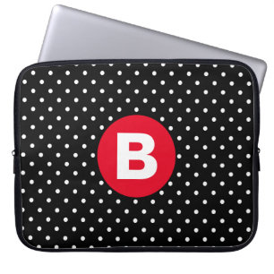 Classic Black & White Polka Dot with Red Monogram Laptop Sleeve