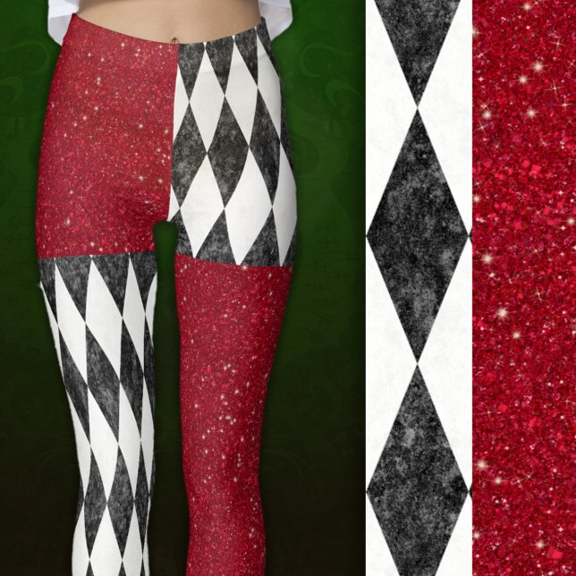 Classic Black White Red Harlequin Diamond Argyle Leggings (Close up)