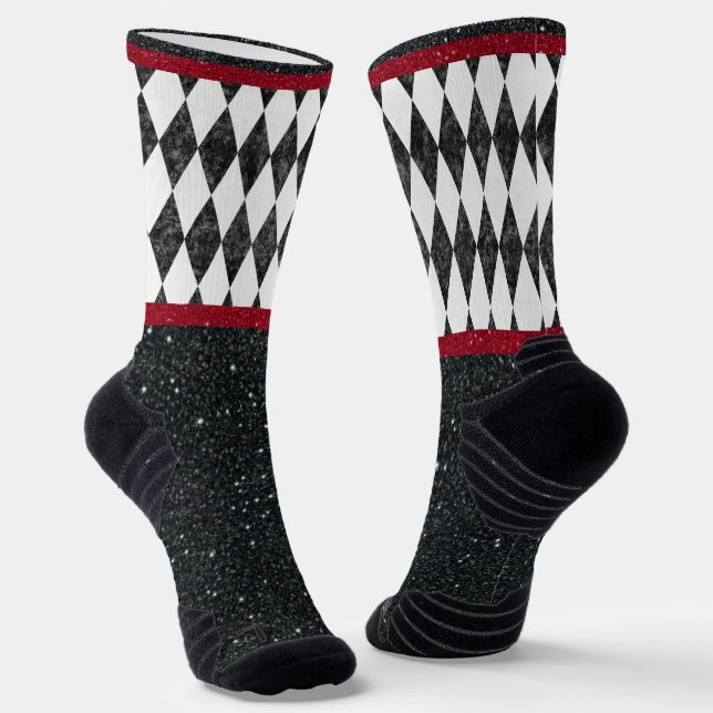 Classic Black White Red Harlequin Diamond Argyle Socks (Angled)