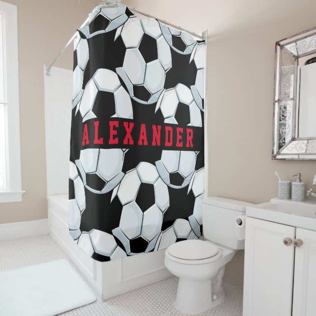 Classic black white red soccer football theme name shower curtain (In Situ)