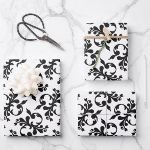 Classic Black White Rococo Pattern Christmas Wrapping Paper Sheet