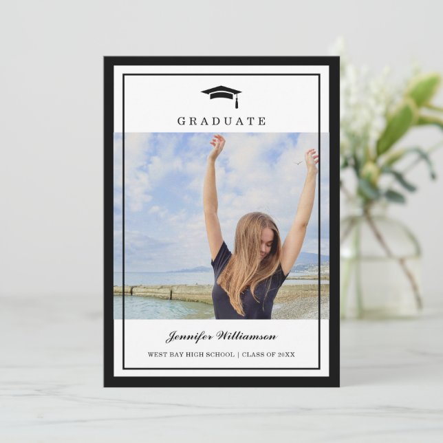 Classic Black & White Script Graduation Two Photo Invitation (Standing Front)