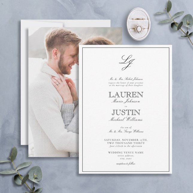 Classic Black White Script Monogram Photo Wedding Invitation (Creator Uploaded)