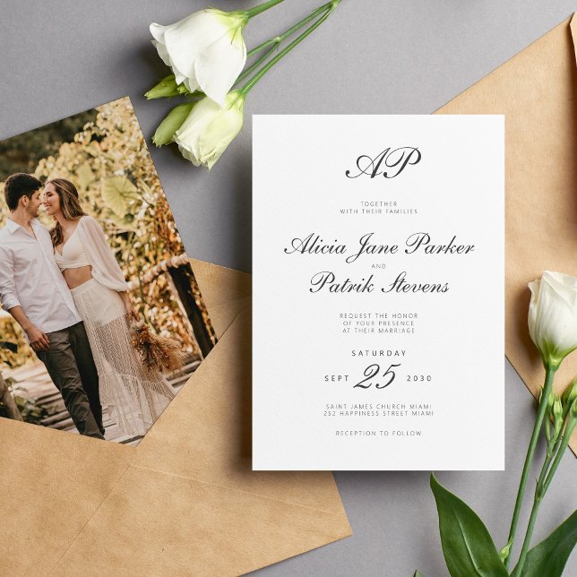 Classic black white script monogram photo wedding invitation (Creator Uploaded)