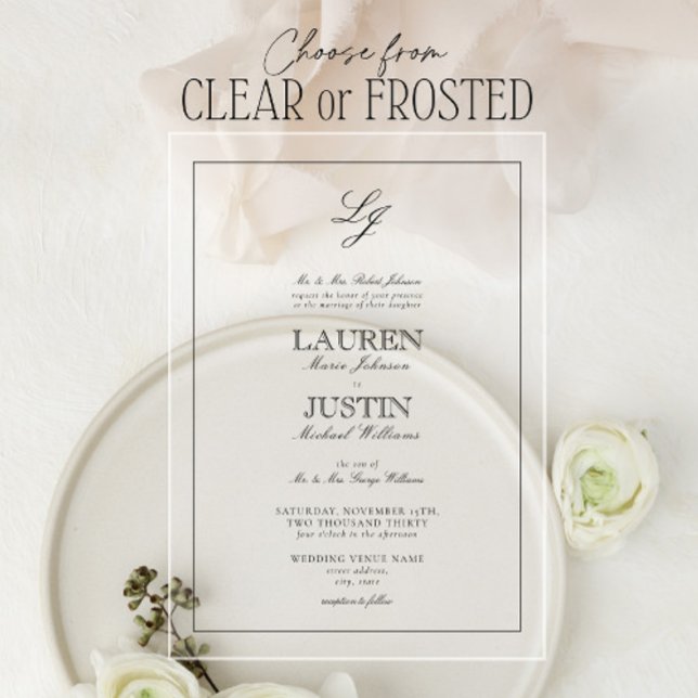 Classic Black & White Script Monogram Wedding Acrylic Invitations (Creator Uploaded)