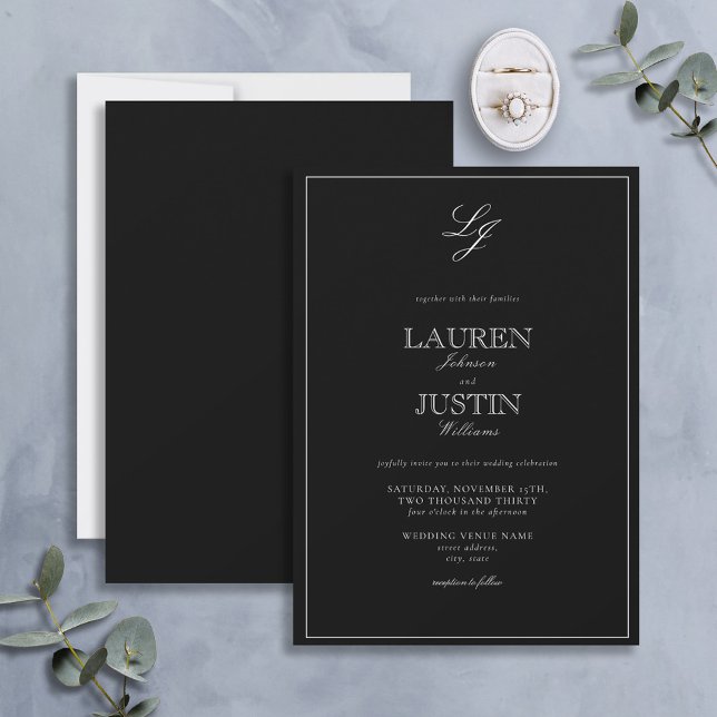 Classic Black & White Script Monogram Wedding Invitation (Creator Uploaded)