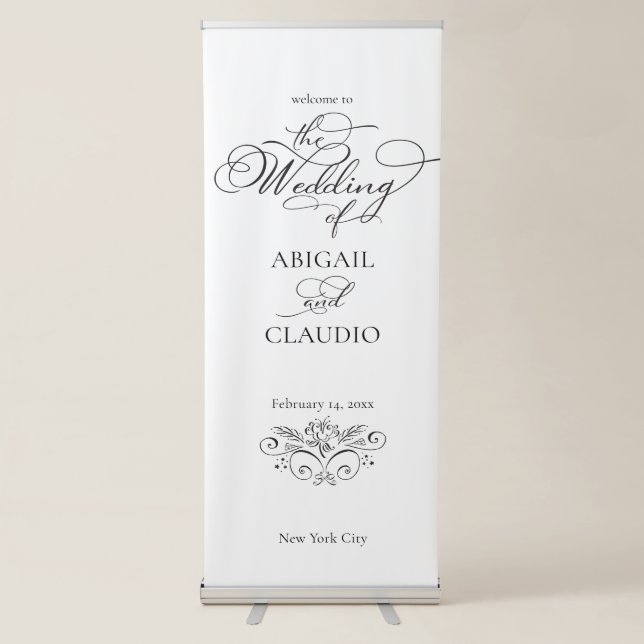 Classic Black & White Script Wedding Entrance Retractable Banner (Front)