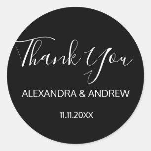 Classic Black & White Script Wedding THANK YOU Round Sticker