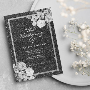 Classic black white silver glitter floral wedding invitation