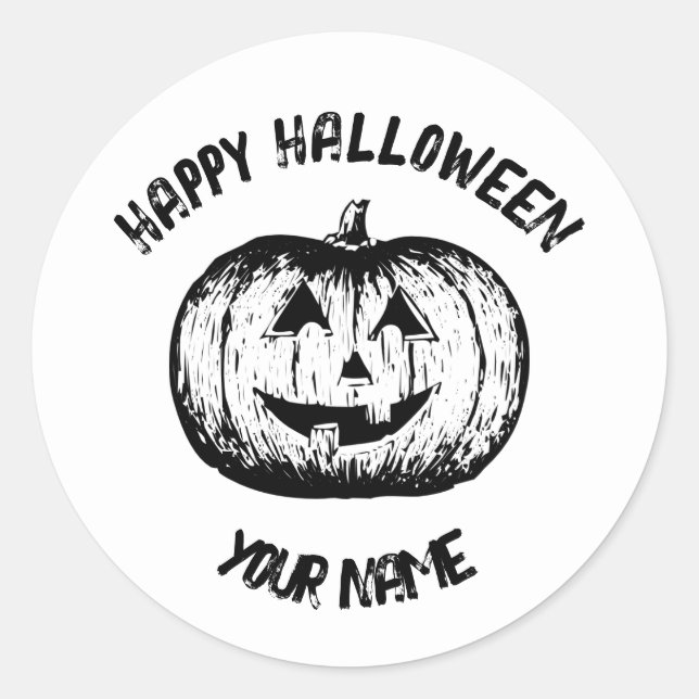 Classic Black White Smiling Jack-o-lantern Pumpkin Round Sticker (Front)