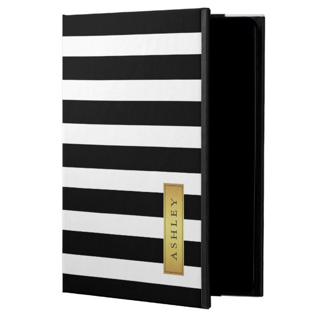 Classic Black White Stripe Pattern Gold Label Name Powis iPad Air 2 Case (Front)