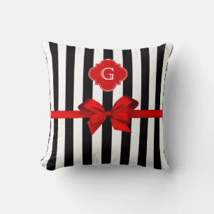 Classic Black White Stripe, Red Label, Bow Ribbon Cushion