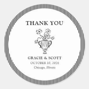 Classic Black & White Stripe Wedding Thank You Classic Round Sticker