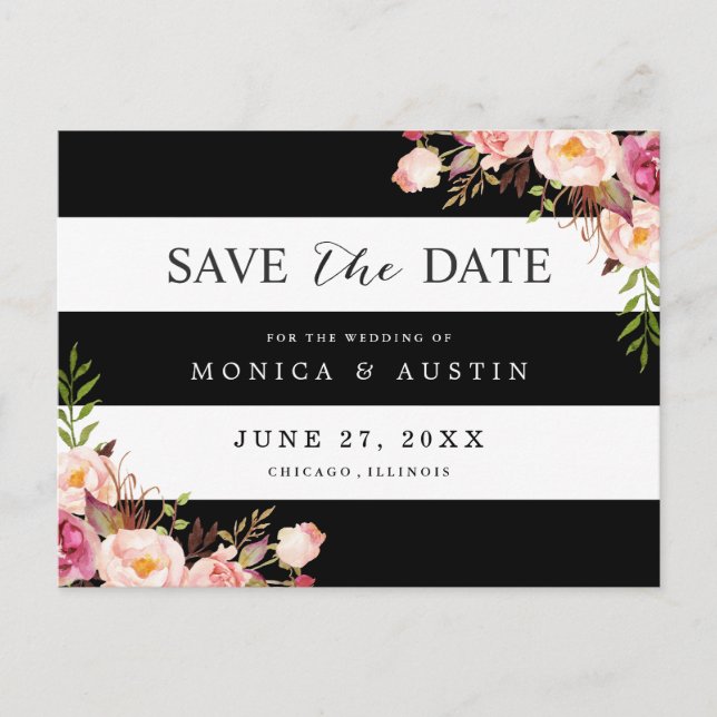 Classic Black White Stripes Floral Save the Date Announcement Postcard (Front)