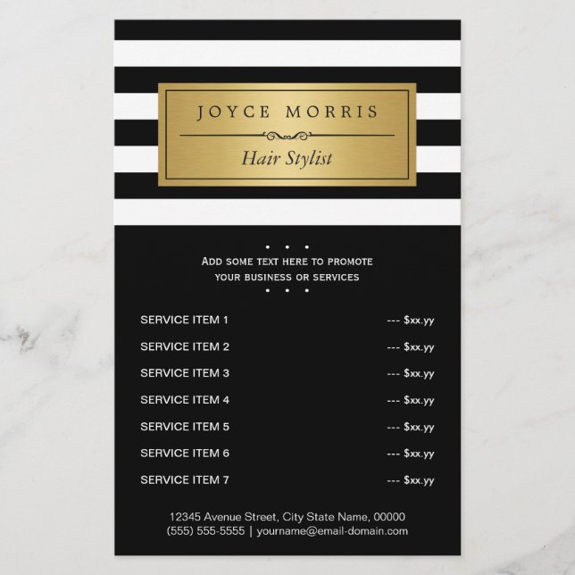 Classic Black White Stripes Gold Service Menu (Front)