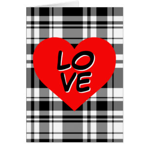Classic Black White tartan plaid red heart detail