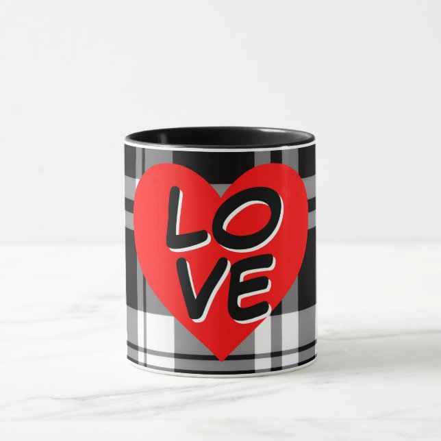 Classic Black White tartan plaid red heart detail Mug (Center)