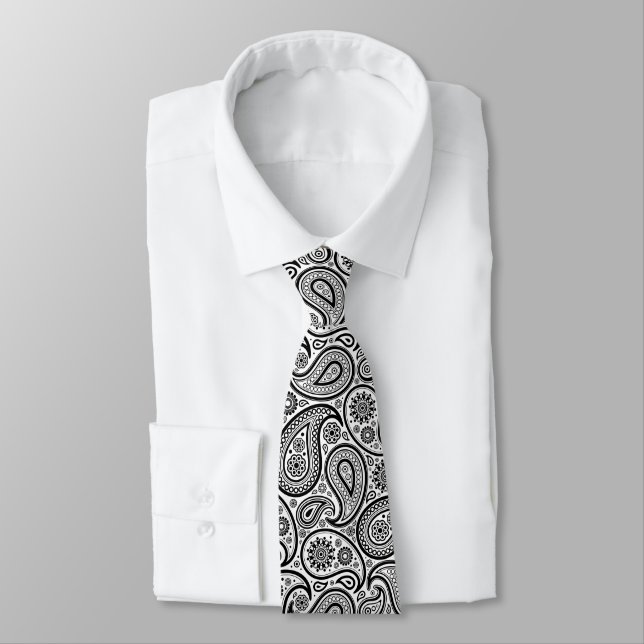 Classic Black & White Vintage Paisley Pattern Tie (Tied)