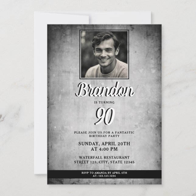 Classic Black & White Vintage Photo 90th Birthday Invitation (Front)