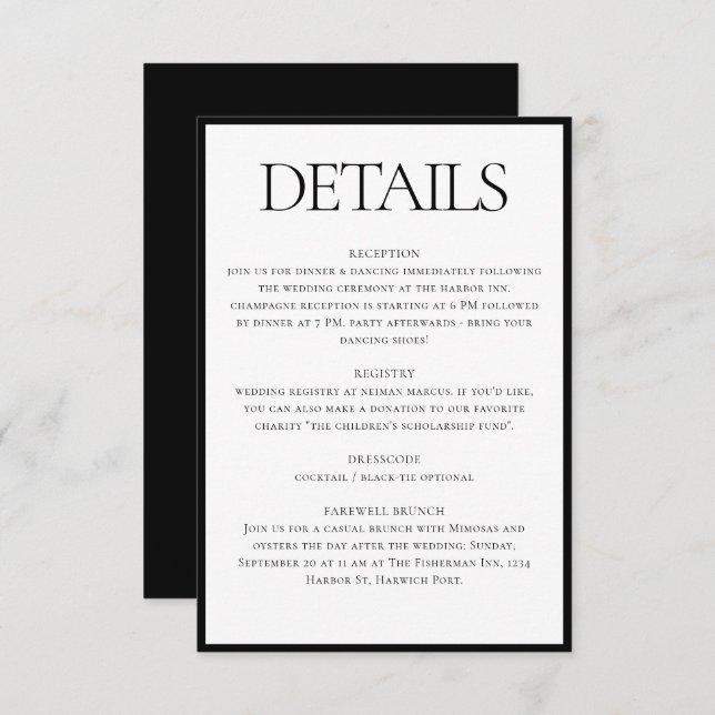 Classic Black White Wedding Details Info Enclosure Card (Front/Back)