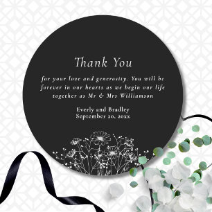 Classic Black White Wildflower Wedding Thank You   Classic Round Sticker