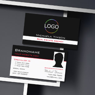 Classic Black White with Logo & Photo Professional Business Card