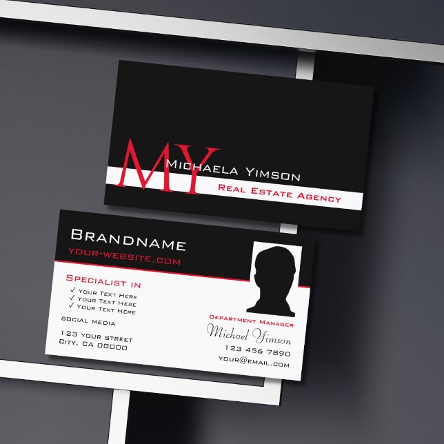 Classic Black White with Monogram and Photo Modern Business Card (Creator Uploaded)