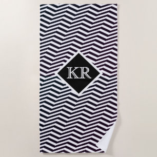Classic Black White Zig Zag Chevron Monogram Beach Towel