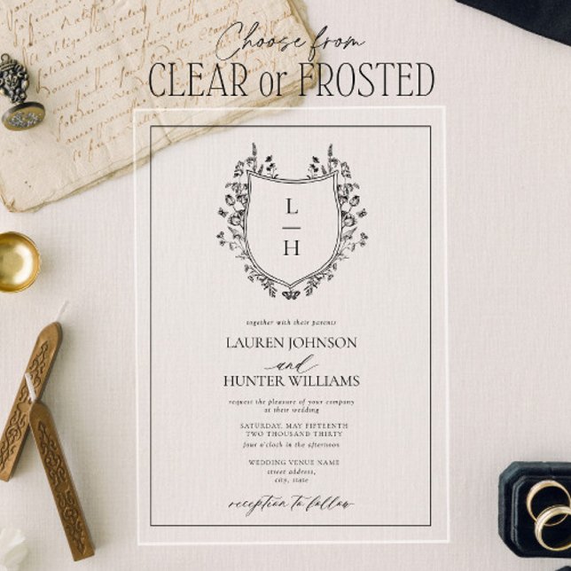 Classic Black Wildflower Monogram Crest Wedding Acrylic Invitations (Creator Uploaded)