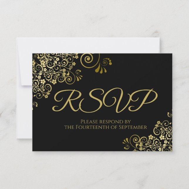 Classic Black with Elegant Gold Lace Wedding RSVP Card (Front)