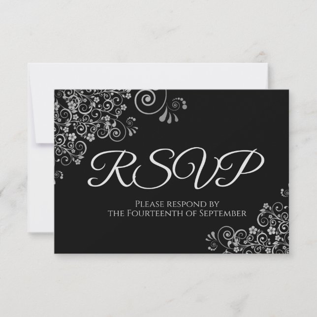 Classic Black with Elegant Silver Frills Wedding RSVP Card (Front)