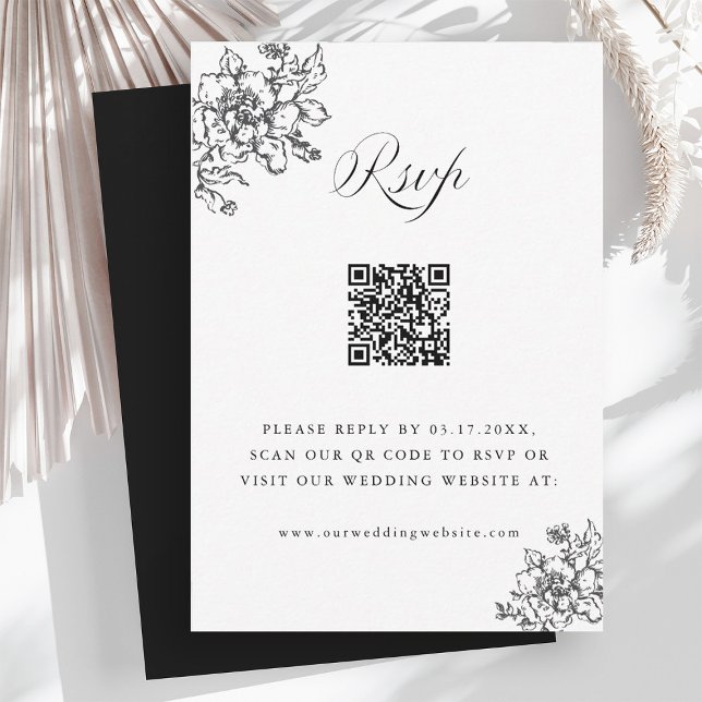Classic Bloom Garden Black & White Wedding QR Code RSVP Card (Creator Uploaded)