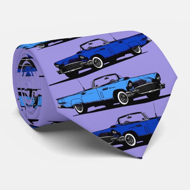 Classic Blue 1950s Sports Cars Tie (Rolled)