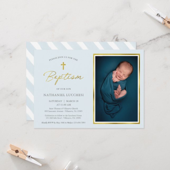 Classic Blue and Gold Script Boy Photo Baptism Invitation (Front/Back In Situ)