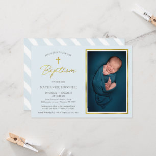 Classic Blue and Gold Script Boy Photo Baptism Invitation