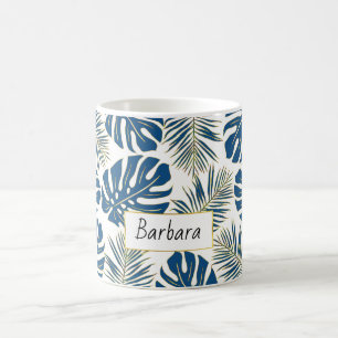 Classic blue and gold tropical leaves and name coffee mug