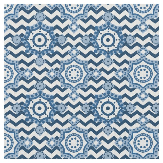 Classic Blue and White Chevron Motif Fabric (Close Up)