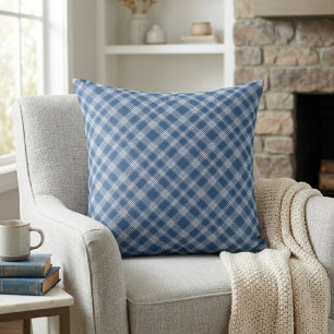 Classic Blue and White Diagonal Check Plaid Cushion