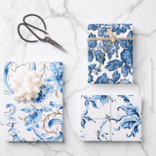 Classic Blue and White Florals Wrapping Paper Sheet