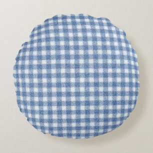 Classic Blue and White Gingham Check  Round Cushion
