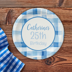 Classic Blue and White Gingham Checkered Pattern Paper Plate