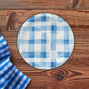 Classic Blue and White Gingham Chequered Pattern Paper Plate