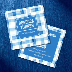 Classic Blue and White Gingham Chequered , QR Code Square Business Card