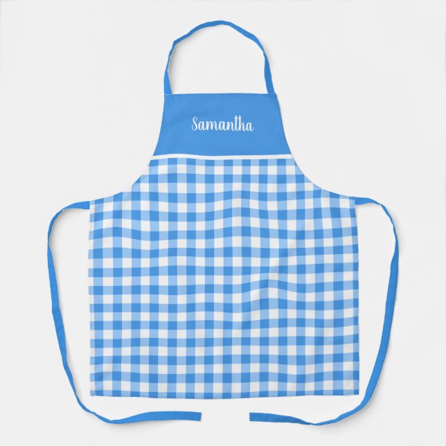 Classic Blue And White Gingham Name Personalised Apron (Front)