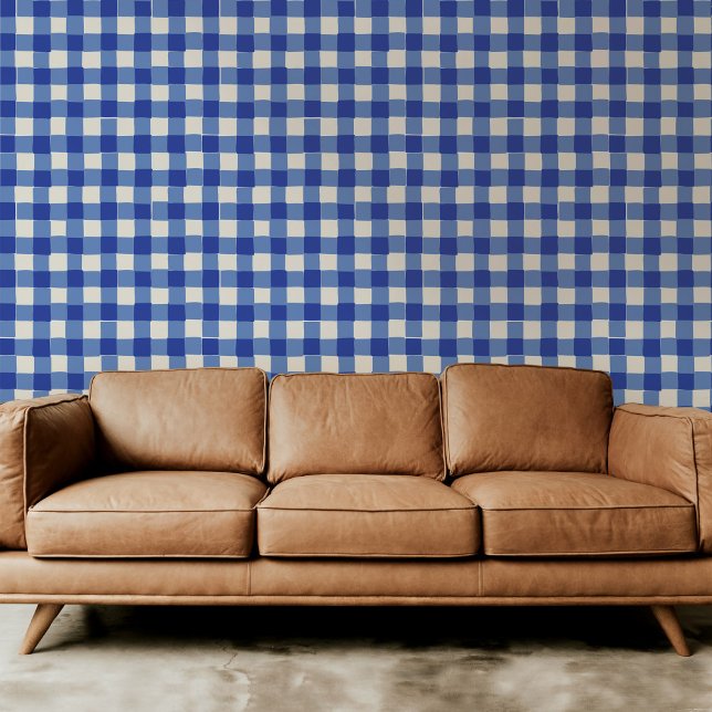 Classic Blue and White Hand-Drawn Chequered Plaid Wallpaper (Classic blue and white hand-drawn checkered plaid modern peel and stick wallpaper.)