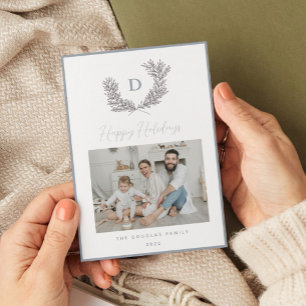 Classic Blue and White Monogram Crest Photo Holiday Card