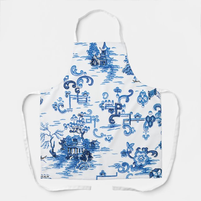 Classic Blue and White Vintage Pagoda Chinoiserie Apron (Front)
