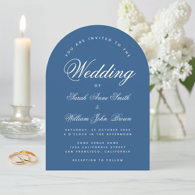 Classic Blue Arch Simple Elegant Script Wedding Invitation (Creator Uploaded)